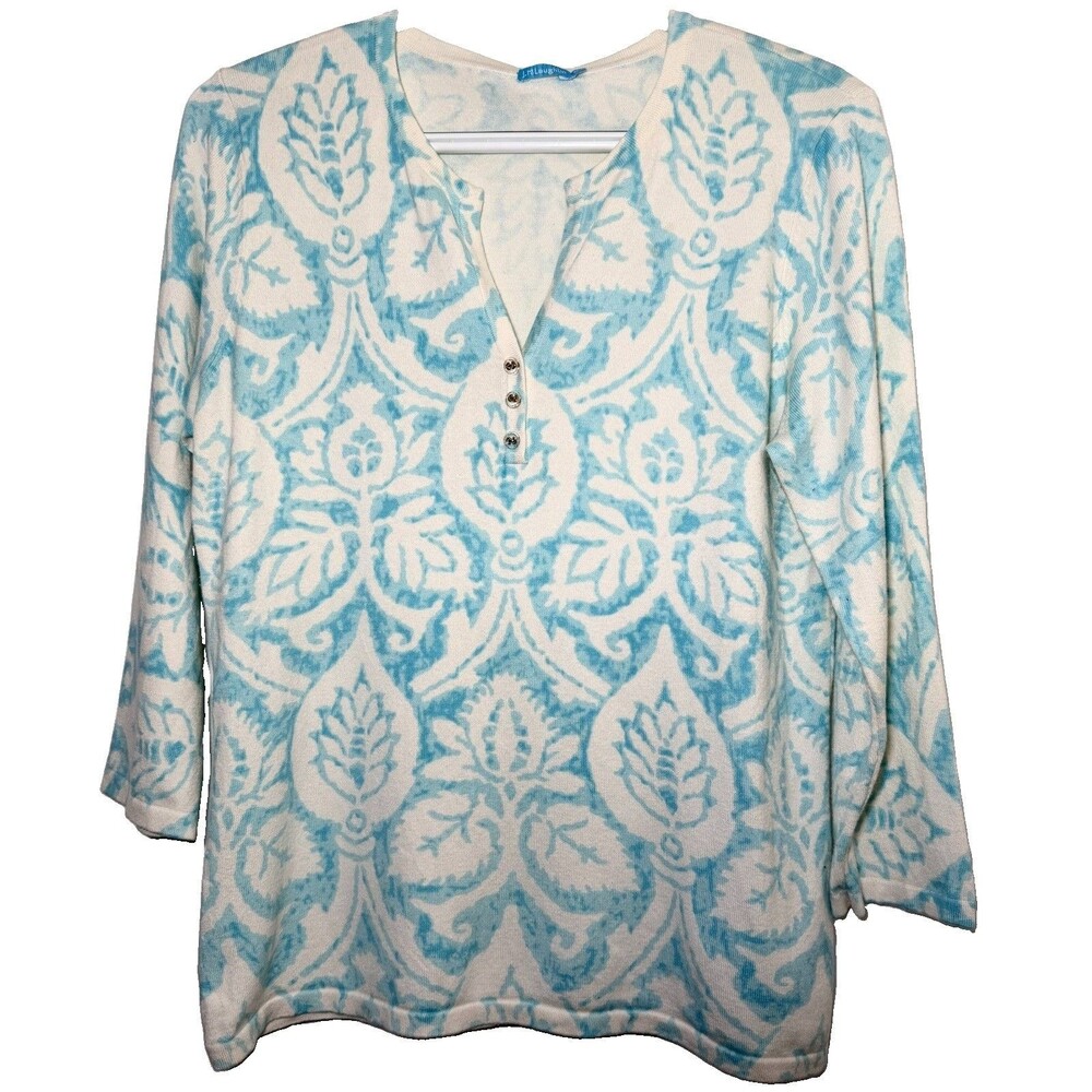J.McLaughlin M Aqua Blue White Damask Print Knit Henley Top 3/4 Sleeve USA